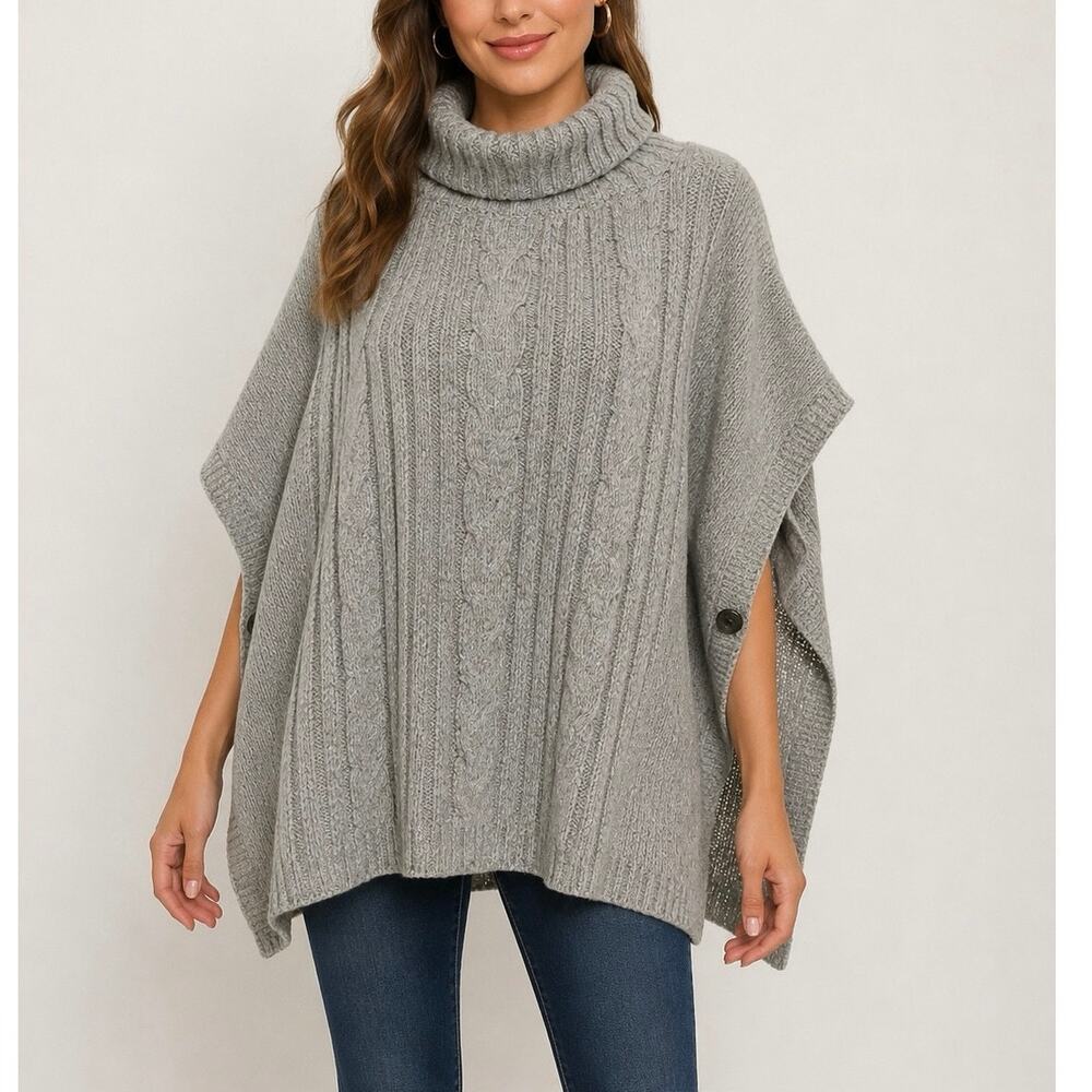 Apt. 9 Gray Cable Knit Turtleneck Poncho Sweater Cape Oversize Cozy Pullover Top